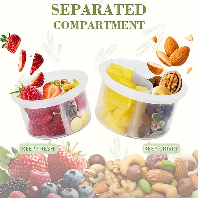 Miuyhji 6 Pack Overnight Oats Containers with Lids and Folding Spoons 16oz, Glass Mason Jars with Divided Compartments, Chia Pudding Jars for Oatmeal Meal Prep
