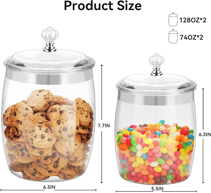 4 Pcs Plastic Cookie Jars with Lid, 128/128/74/74OZ Clear Candy Airtight Sealed Kitchen Pantry Food Large Storage Apothecary Containers & Canisters for Coffee Cereal Pasta Flour Rice Snack