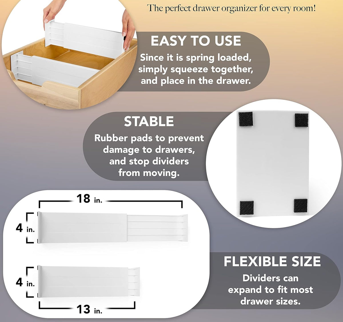 Dial Industries Adjustable Dresser Drawer Clothes Organizer Dividers, Set of 4, 4.5" Deep