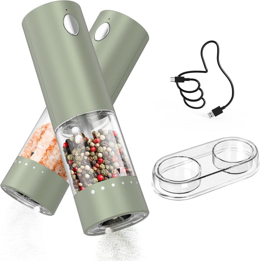 CIRCLE JOY Electric Salt and Pepper Grinder Set Rechargeable Salt and Pepper Mills with Storage Base, Adjustable Coarseness and LED White Light, Washable 95ml Container, Green