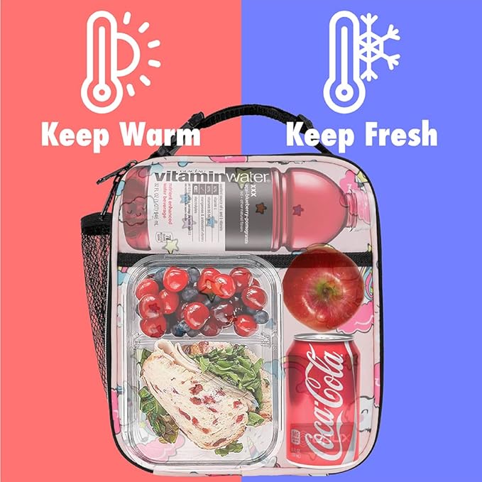 opux Premium Insulated Lunch Box, Soft School Lunch Bag for Kids Girls, Leakproof Small Lunch Pail Women Work, Reusable Compact Cooler Tote Lunchbox for Office, Pink Unicorn