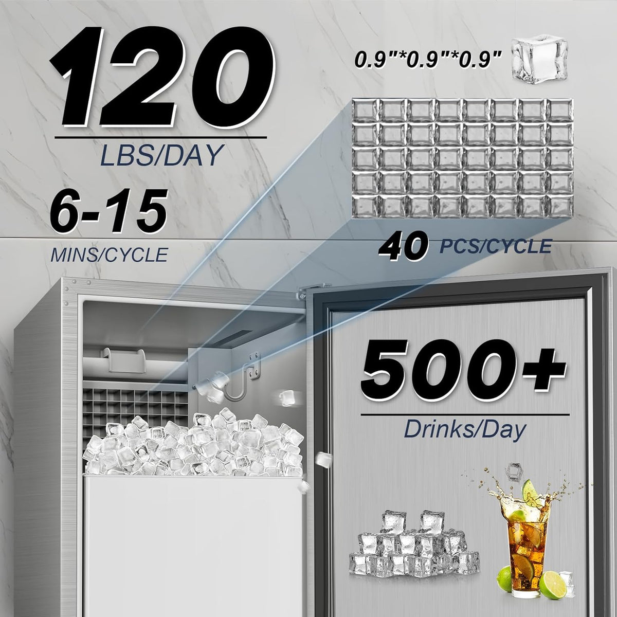 Commercial Under Counter Ice Maker Machine - 120 LBS/Day, Built in Installation, Auto-Clean,Reversible Door, Built 25LBS Ice Storage, Stainless Steel Ice Machine for Home & Business Outdoor Use