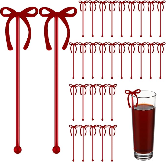 SiliFine 30 Pcs 6 Inch Party Drink Stirrers, Bow Stir Sticks Coffee Stirrers Reusable Plastic Swizzle Sticks for Wedding Birthday Bridal Cocktail Decorations Galentines Supplies(Burgundy)