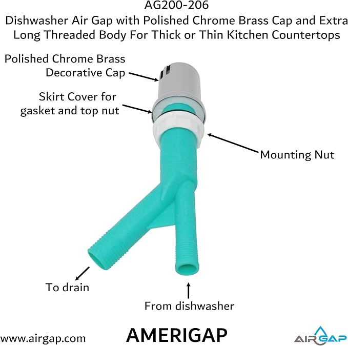 Dishwasher Air Gap with Skirted Polished Chrome Brass Cap and Extra Long Threaded Body for Thick or Thin Kitchen Countertops (AG200-206, AG200-X06, AMERIGAP)