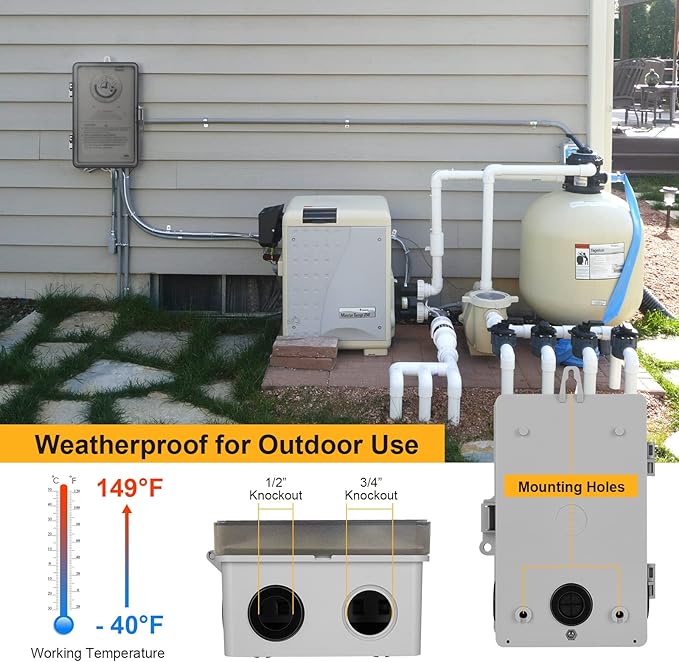SURAIELEC Pool Timer, 24-Hour Cycle Mechanical Timer Switch, 40 AMP, 2HP, 120, 240, 277 VAC, Outdoor Indoor Heavy Duty Pool Controller Box for Pool Pump, Water Heater, Spa, Powerful Appliances