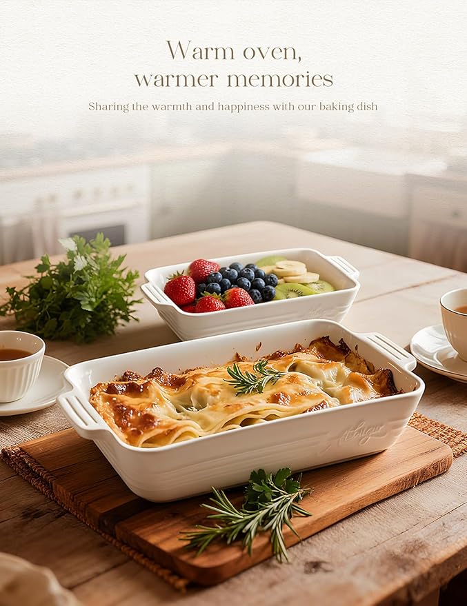 Ceramic Baking Dish Set, 3-Piece Casserole Dishes for Oven, Rectangular Baking Pans, Deep Lasagna Pans with Handles, Multi-Size Set for Cooking, Baking, Serving, and Gifting, White (16.1''/12.2''/9'')