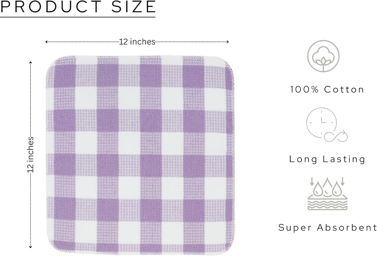 Waffle Weave Plaid Dish Cloths, 100% Cotton - 12 x 12 Inches, Ultra Soft Absorbent Quick Drying Dish Towels Buffalo Check Dish Rags for Kitchen, 8 Pack - Spring Summer - Lavender & White