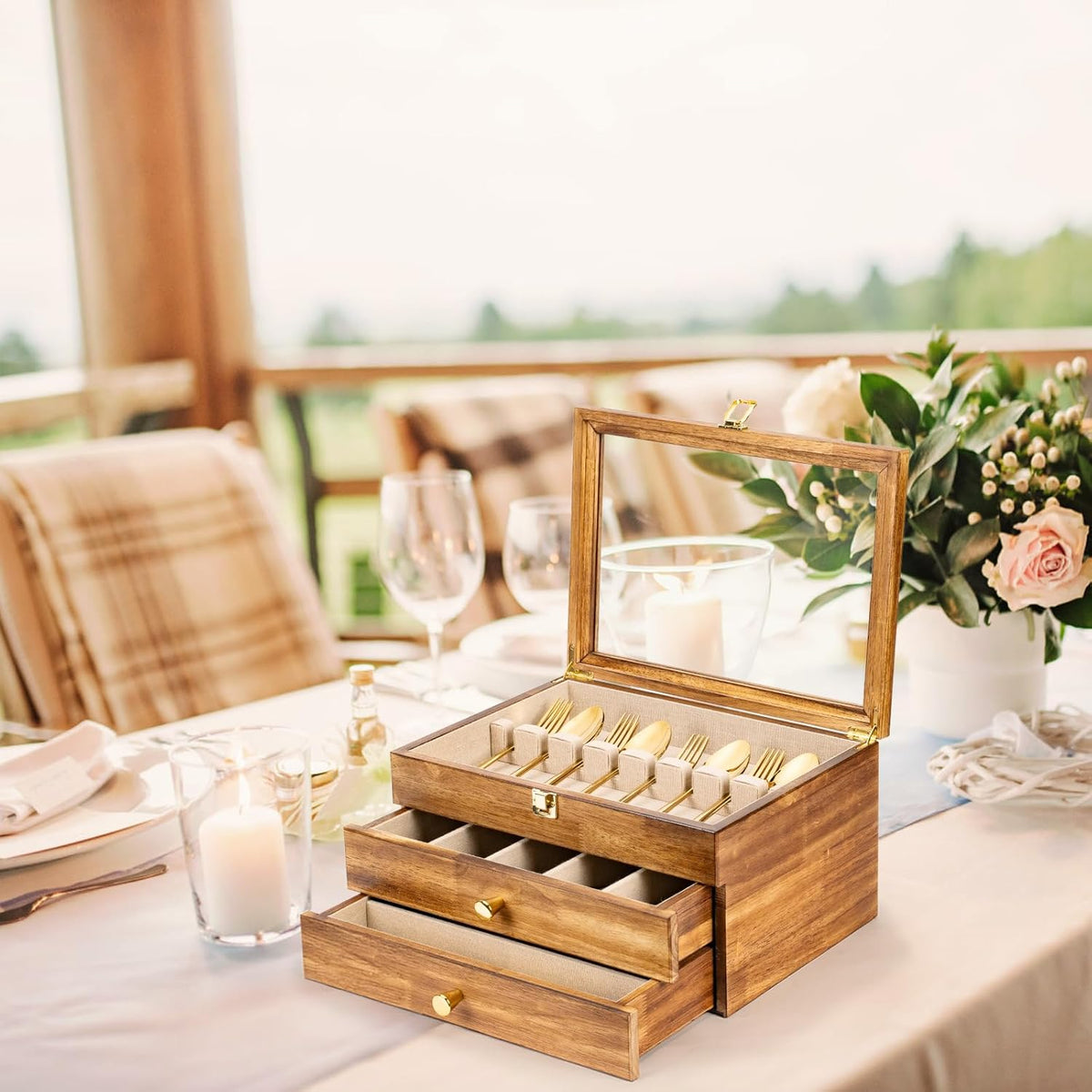 Silverware Box, 3-Layer Wooden Silverware Storage Box with Glass Lid, 14.5×10.6 Inches Vintage Style Decor Flatware Storage Case for Fine Flatware & Utensils, Gift Idea (Torched Wood)