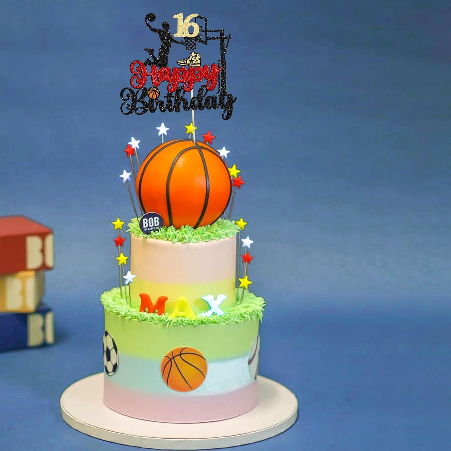1Pc Cheers to 16 Years Birthday Cake Topper Glitter Hello 16 Sweet 16 Cake Pick Sixteen Years Old Birthday Cake Decoration for 16th Basketball Sports Party Supplies Black