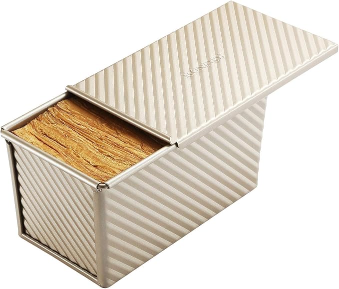 monfish Pullman Loaf Pan w Cover Bread Toast Mold corrugated loaf Pan w lid 1lb dough Alluminumed Steel Non Stick Gold (8.5X4.75X4.375INCH)