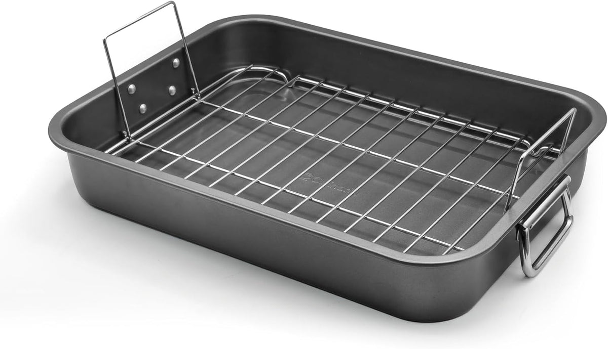 Large Roasting Pan With Rack 12” X 16” - Non Stick Large Roaster Pan and Flat Rack With Foldable Handles - Roasting Pans for Ovens to Elevate Food for Even Heating - Dishwasher Safe Turkey Roast Pot