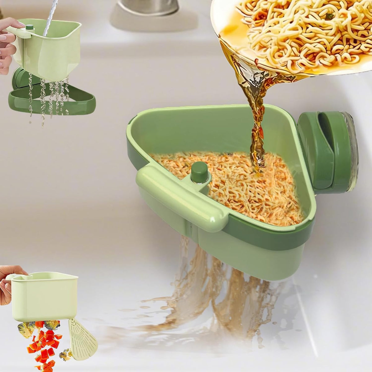 Sink Corner Strainer Basket | Suction Cup Press Sink Drainer Basket | Automatic Dumping Sink Strainer Basket | Faucet Sponge Storage Rack | Trash Catcher for Food Waste (Green)