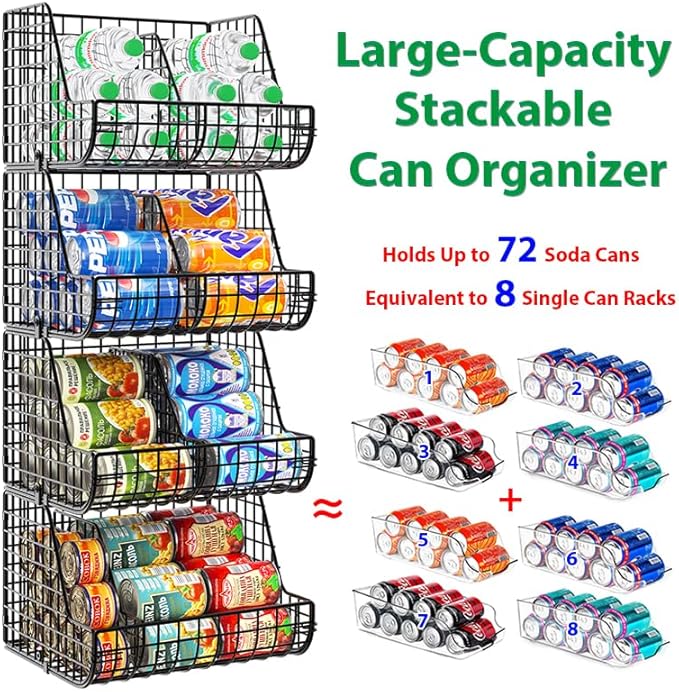 Stackable Soda Can Organizer Stores Up to 72 Cans, 4-Pack Can Storage Organizer for Pantry Shelves, 4-Tier Kitchen Can Holders with 4 Adjustable Dividers, Wire Drink Organizer for Pantry Cabinet Shelf