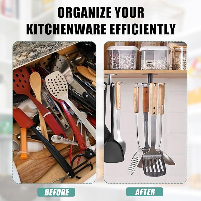 Zorfeter Under Cabinet Kitchen Utensil Hooks, Stainless Steel Utensil Racks 360°Rotating Drilling Free Adhesive Utensils Hanging Rack Holder, Black