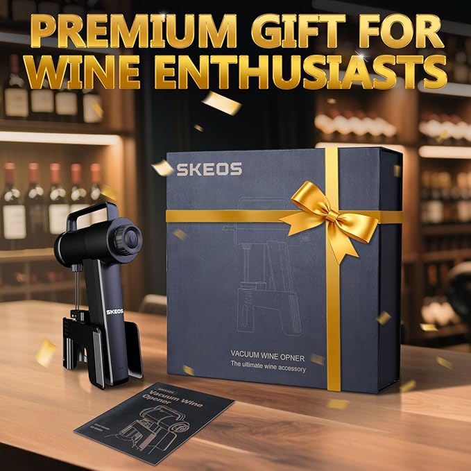 SKEOS Electric Wine Opener, Needle Piercing Vacuum Wine Bottle Opener for Smooth Extraction, No Cork Damage, Vacuum Seal Freshness, Perfect for Wine Lovers, Black
