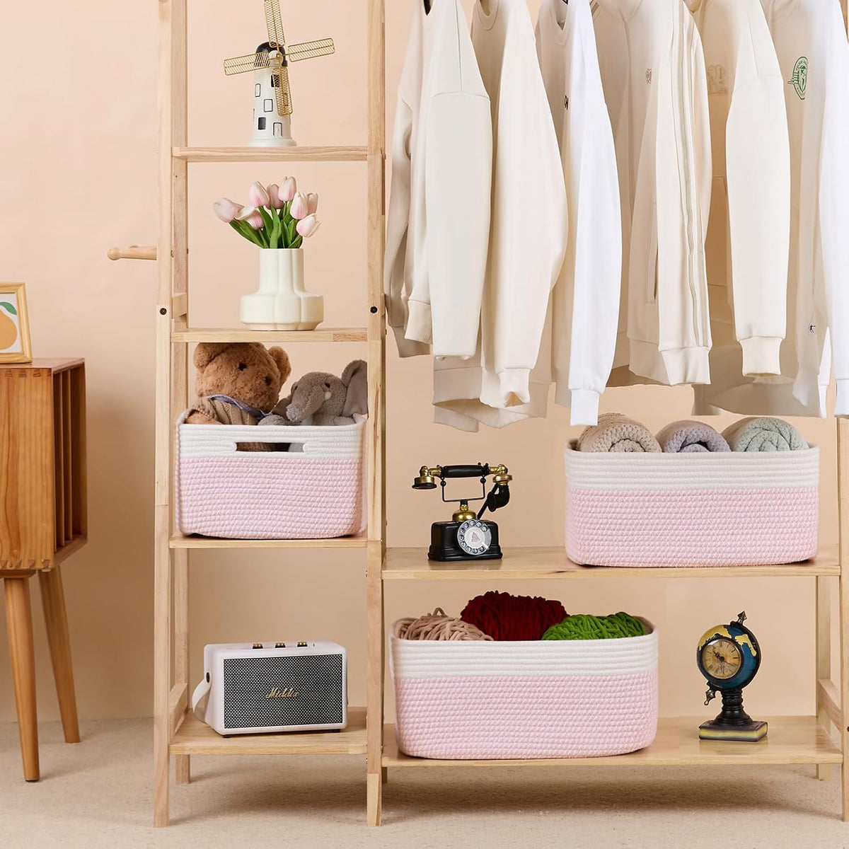 Large Storage Baskets for Organizing, Closet Shelf Baskets for Clothes Blanket Towels, Baby Nursery, Toy Bins Box, Woven Rope Baskets, 17 x 13 x 7.5”, 4 Packs Woven Pink