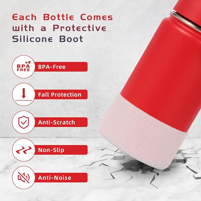 Volhoply 14oz Water Bottle with Straw Lid and Silicone Boot Bulk 2 Pack,Stainless Steel Insulated Cups for Boys & Girls Multipack,Double Wall Vacuum Leakproof KIds Bottles(Red,2)