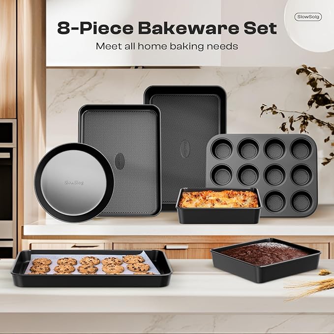 12-Piece Nonstick Bakeware Set, Stackable Non Toxic Baking Pans Set with Rack & Kitchen Utensils, Cookie Sheets Set, Cake Pan, Muffin Pan, Loaf Pan, Roasting Pan, Black