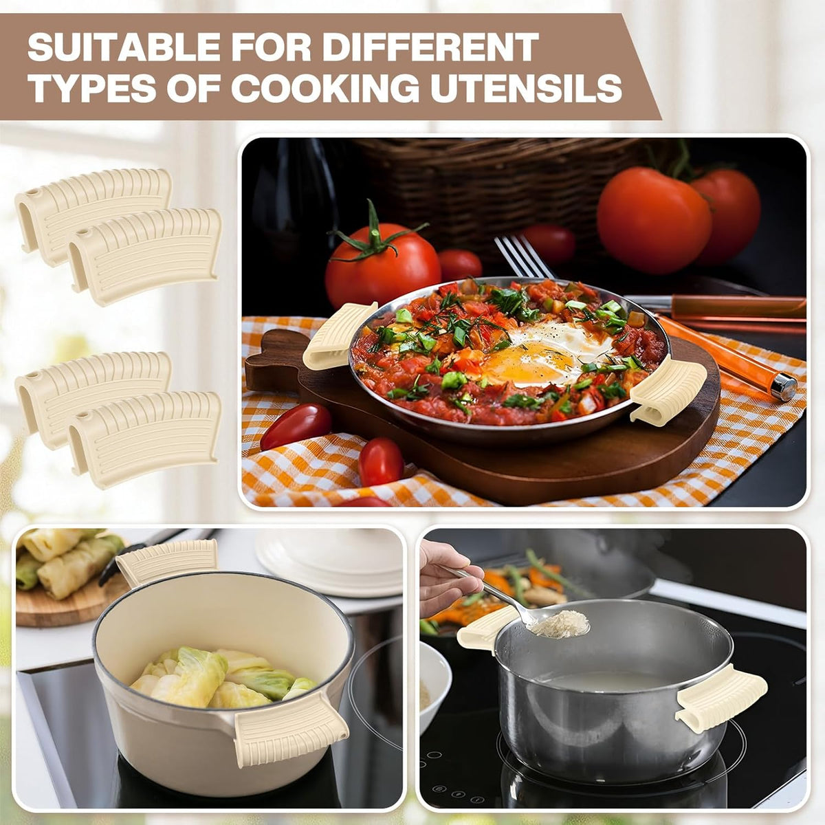 Patelai 4 Pcs Silicone Assist Hot Pan Handle Holder Pot Handle Covers for Cast Iron Skillets Holder Sleeve Nonslip Heat Resistant Pan Cover for Enameled Griddles Casserole Frying Cookware (Beige)