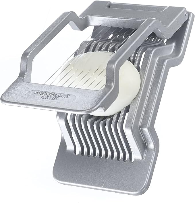 Westmark Egg Slicer Justus for Hard Boiled Eggs with Individually Tensioned Stainless Steel Wire Cutters, German Heavy Duty Aluminium Slicer for Round & Oval Eggs, Dishwasher Safe, Grey