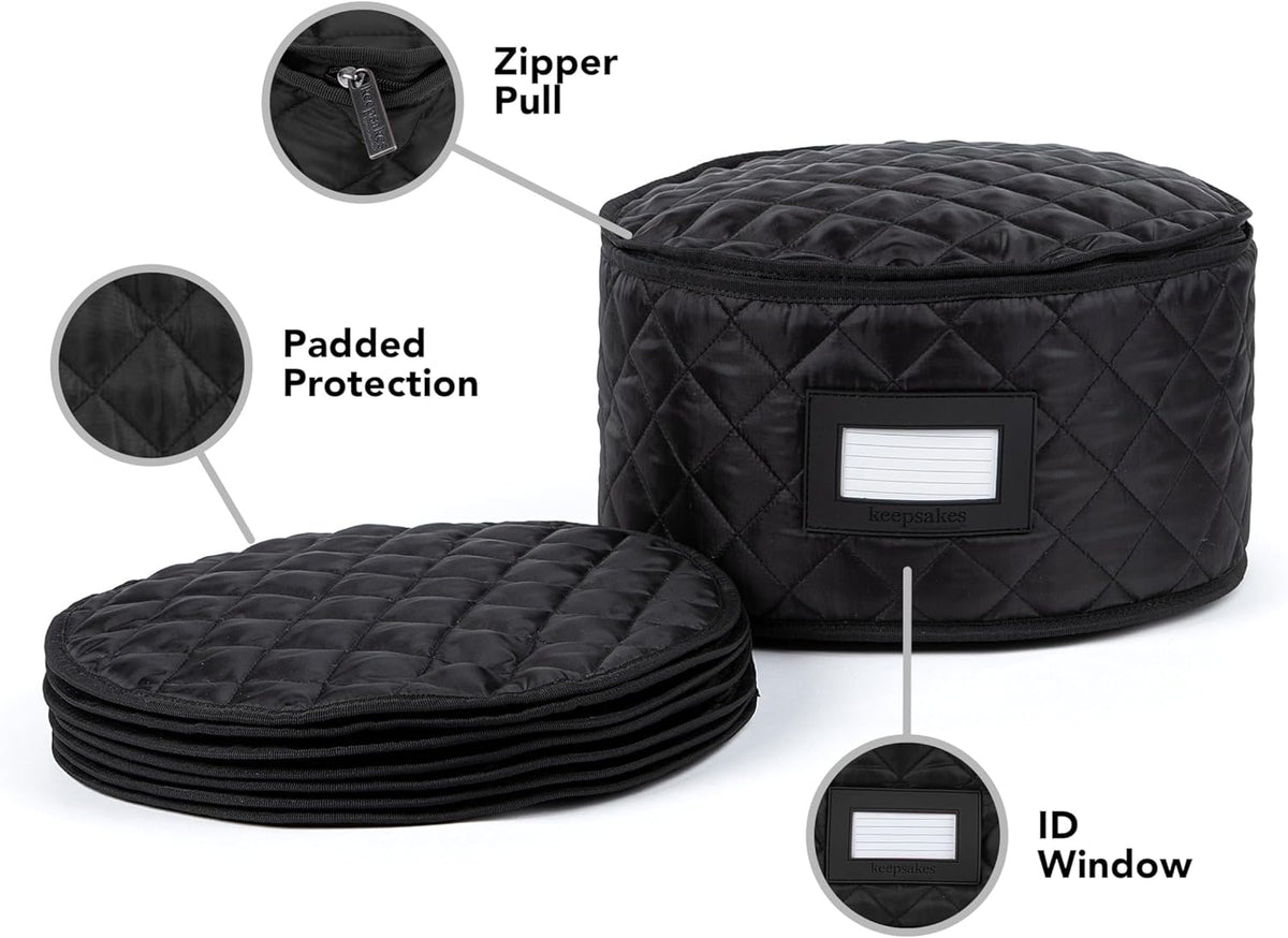 Covermates Keepsakes - Dish Storage - Padded Protection - ID Window - Stain Resistant - Machine Washable - China Storage, Black