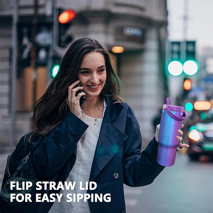 30 oz Tumbler Bulk with Handle and Straw, Vacuum Insulated Tumblers with Flip Straw and Top Handle, Leakproof Powder Coated Tumbler, Stainless Steel Travel Mug for Coffee (BluePurple, 4 Pack)