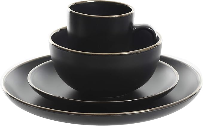 Gibson Home Rockaway 16-Piece Round Stoneware Dinnerware Set, Service for 4 – Black with Gold Rim Plates and Bowls, Microwave & Dishwasher Safe