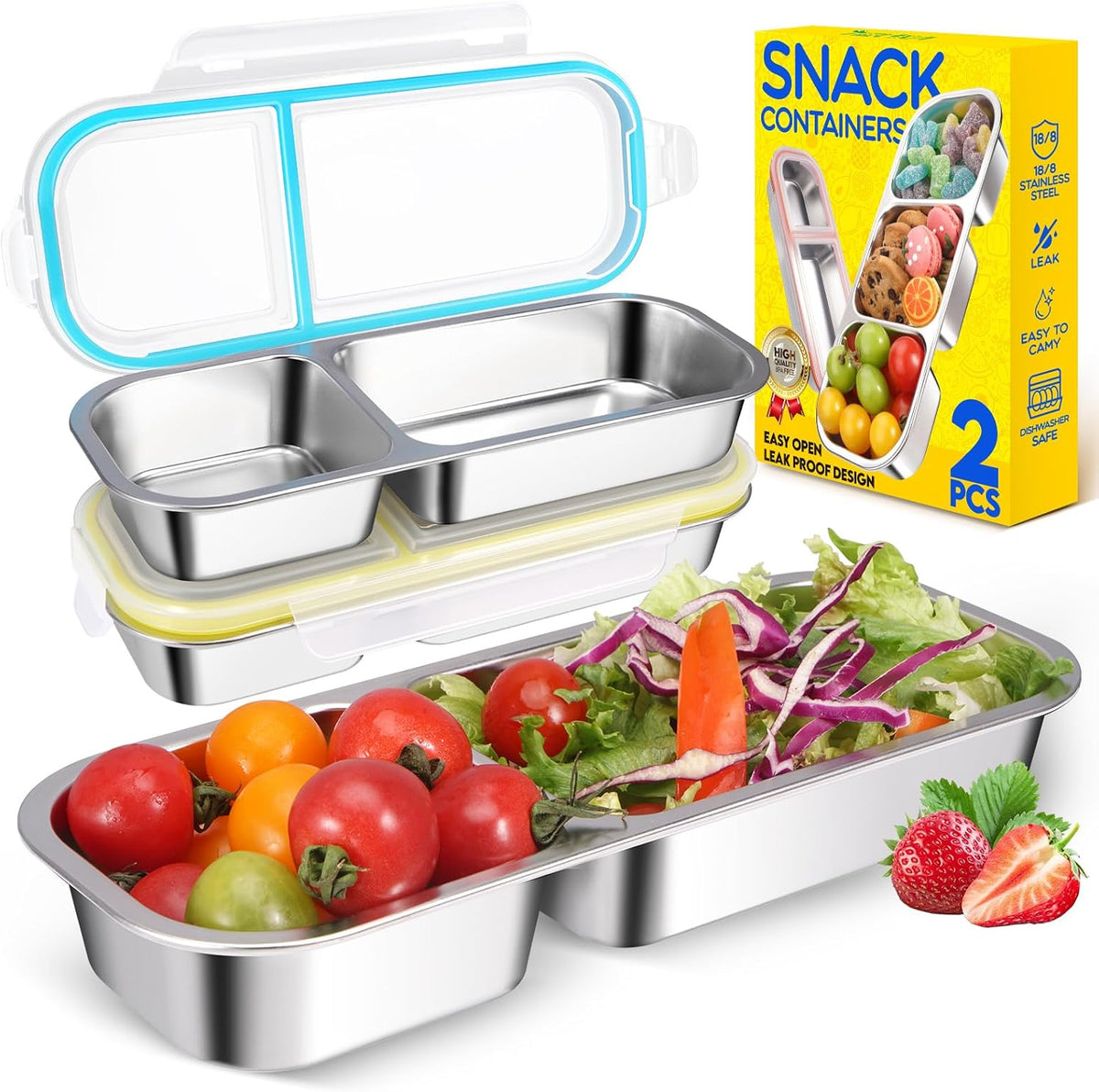 2Pack Stainless Steel Snack Containers for Kids Adults, Reusable 2 Compartment Snackle Box Container with Leakproof Lids Metal Bento Lunch Boxs Food Storage Containers for Travel Picnics Office School