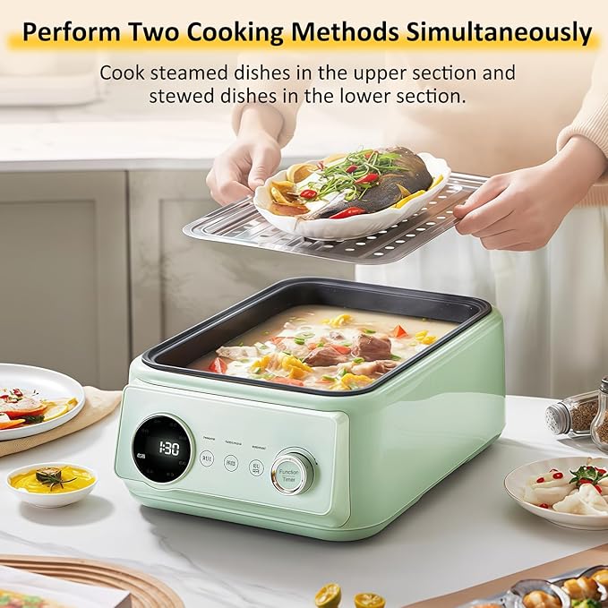 15.9QT Electric Food Steamer, 3 Tier Food Steamer for Cooking, 1200W Stainless Steel Steamer, Large Capacity Hot Pot, 9 Time Settings, for Home, Restaurant, Party (Green)