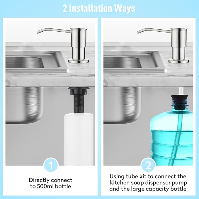 CREA Kitchen Sink Soap Dispenser Countertop for Kitchen Sink, Stainless Stee Built in Sink Soap Dispenser Brushed Nickel for Bathroom with 39" Tube Large Capacity 17 OZ Bottle