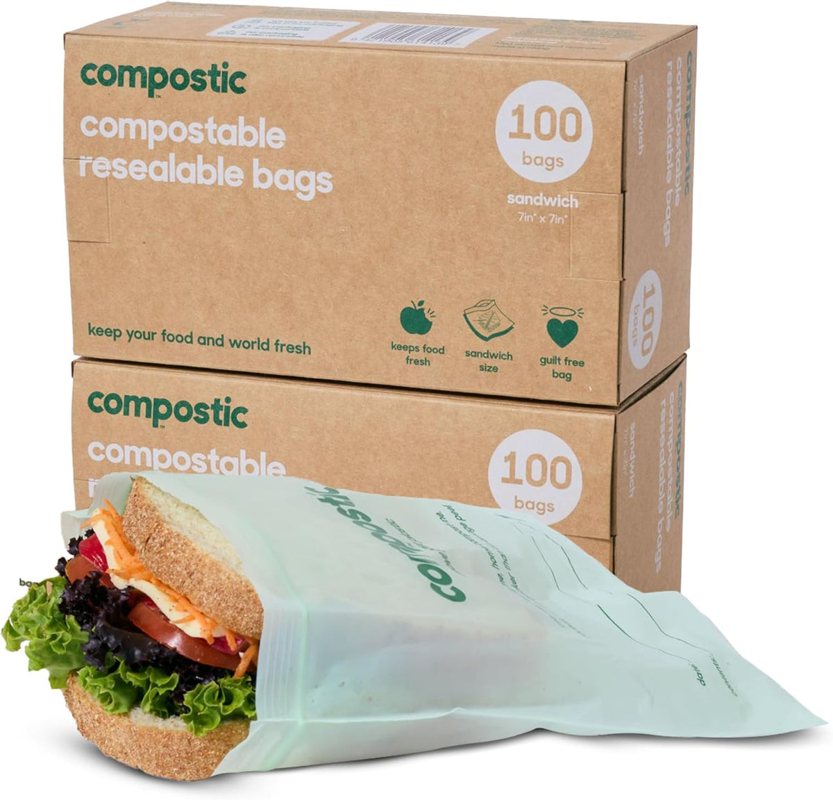 Compostic Home Compostable Resealable Sandwich Bags (7"x7"), Microwave & Freezer Safe, Organic Food Storage Container, 100 Count (Pack of 2)