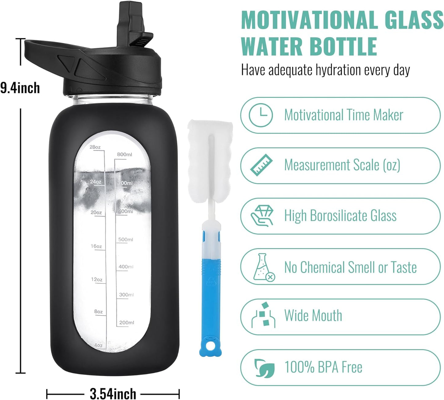 CIVAGO 32 oz Glass Water Bottle with Straw and Handle, Large Sports Motivational Water Bottle Flask with Time Marker and 2 Lids, Leakproof Water Jug Canteen with Silicone Sleeve for Gym,Sage…