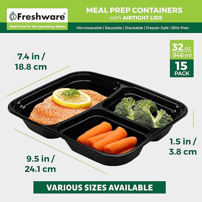 Freshware Bento Box Meal Prep Containers, 3-Compartment, 32 ounce, 15-Pack