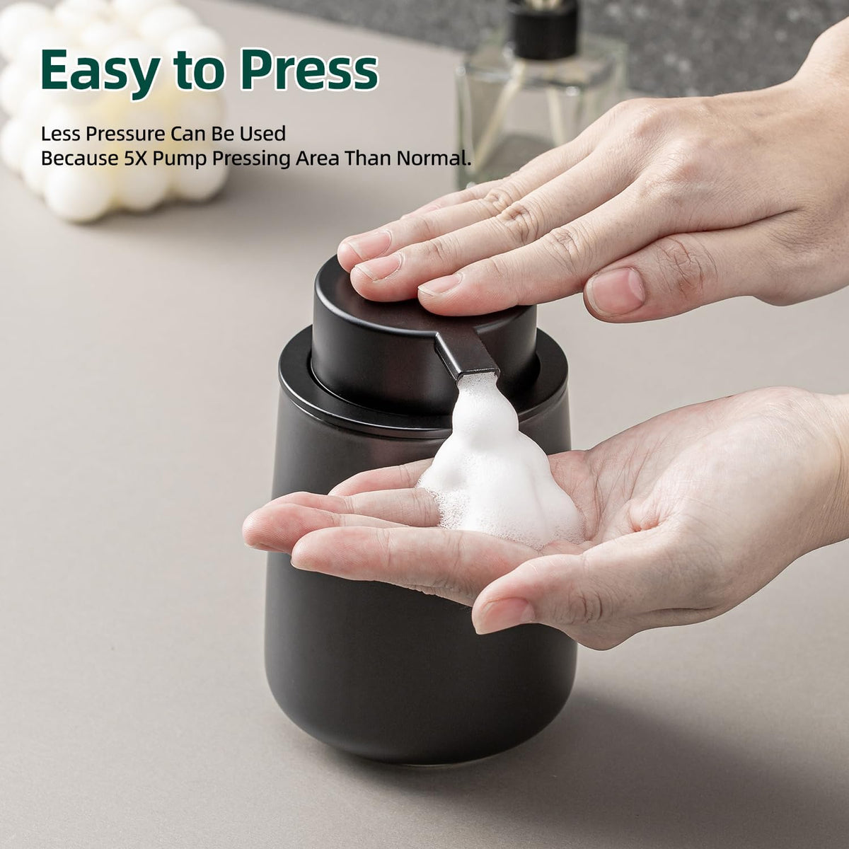 Black Foaming Soap Dispenser - Modern Ceramic Foam Hand Soap Dispenser Bathroom, 12 Oz Facial Cleanser Dispenser Bottle with Foam Pump, Refillable Wash Dish Dispenser for Kitchen