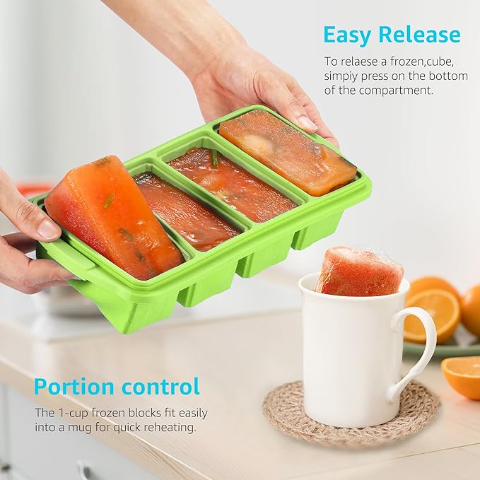 Ztomine Silicone Freezer Tray With Lid - Silicone Freezer Food Molds- Large Ice Cube Tray,Silicone Freezer Container,Freeze & Store Soup, Sauce, Broth,Leftovers - Makes 4 Perfect 1 Cup