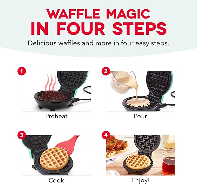 Dash Mini Waffle Maker- Compact Electric Iron for Creative Homemade Treats - PTFE nonstick surface - Easy-to-Clean - Perfect for Kids & Families - Silver