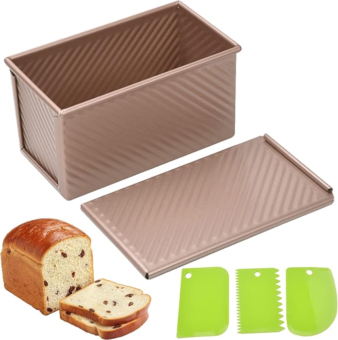 Pullman Loaf Pan with Lid, Aluminized Steel 1 Lb Nonstick Sandwich Bread Pan for Homemade Bread, 8.4x4.8 Inch Professional Rectangular Loaf Pan with Dough Scraper and Cutter