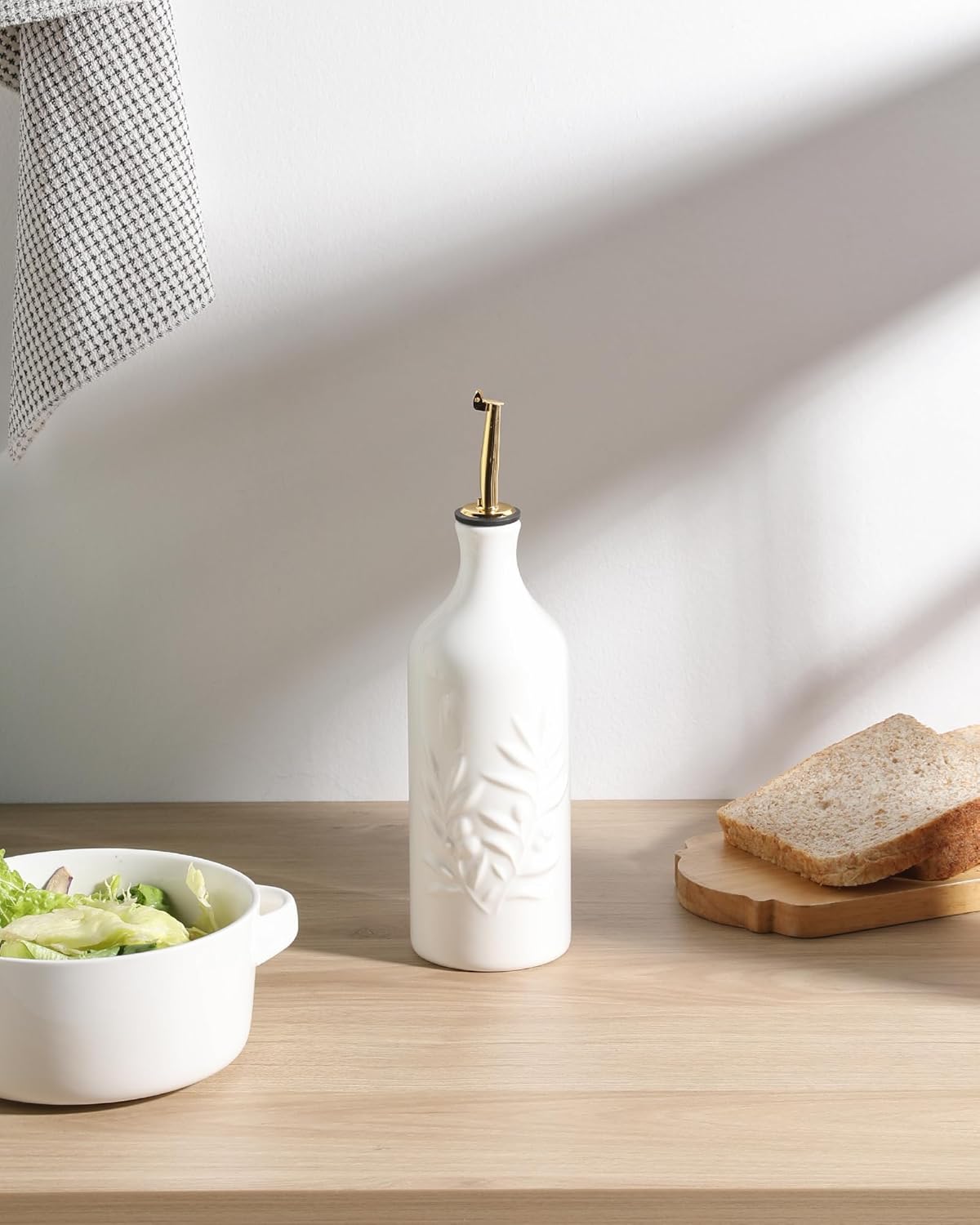 Sweejar Ceramic Olive Oil Dispenser Bottle 20 Oz Relief Opaque Oil Cruet Protects To Reduce Oxidation Suitable for Storage Vinegar, Soy Sauce, Coffee Syrup, Liquids, Set of 1 (White Gold Spout)