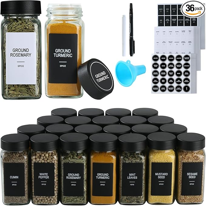 36 Glass Spice Jars with Labels, Spice Jar Set, 4oz Spice Containers, Seasoning Containers with Black Airtight Lids and Shaker Lids, Square Empty Spice Bottles, 492 Labels, 1 Funnel