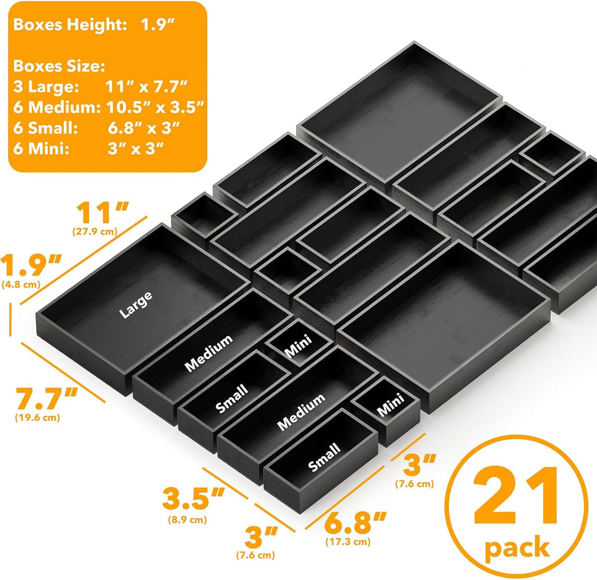 SpaceAid 21-Piece Bamboo Drawer Organizer Storage Boxes Set, Wood Tray Junk Drawer Organizers Multi-Use Divider Bins for Kitchen, Bathroom, Office Desk and Makeup Organization (21 Pack, Black)