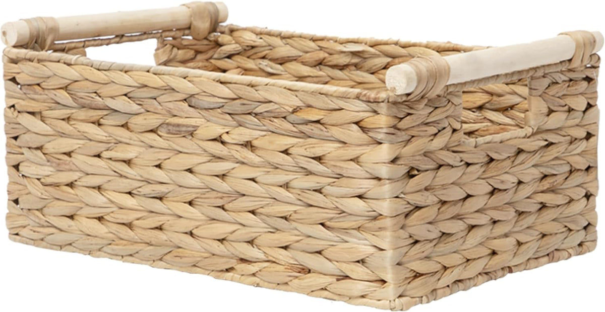 Handmade Water Hyacinth Woven Storage Baskets with Wooden Handles, Rectangle Rustic Organizer Set for Home Decor, Kitchen, Bedroom & Office (Medium)