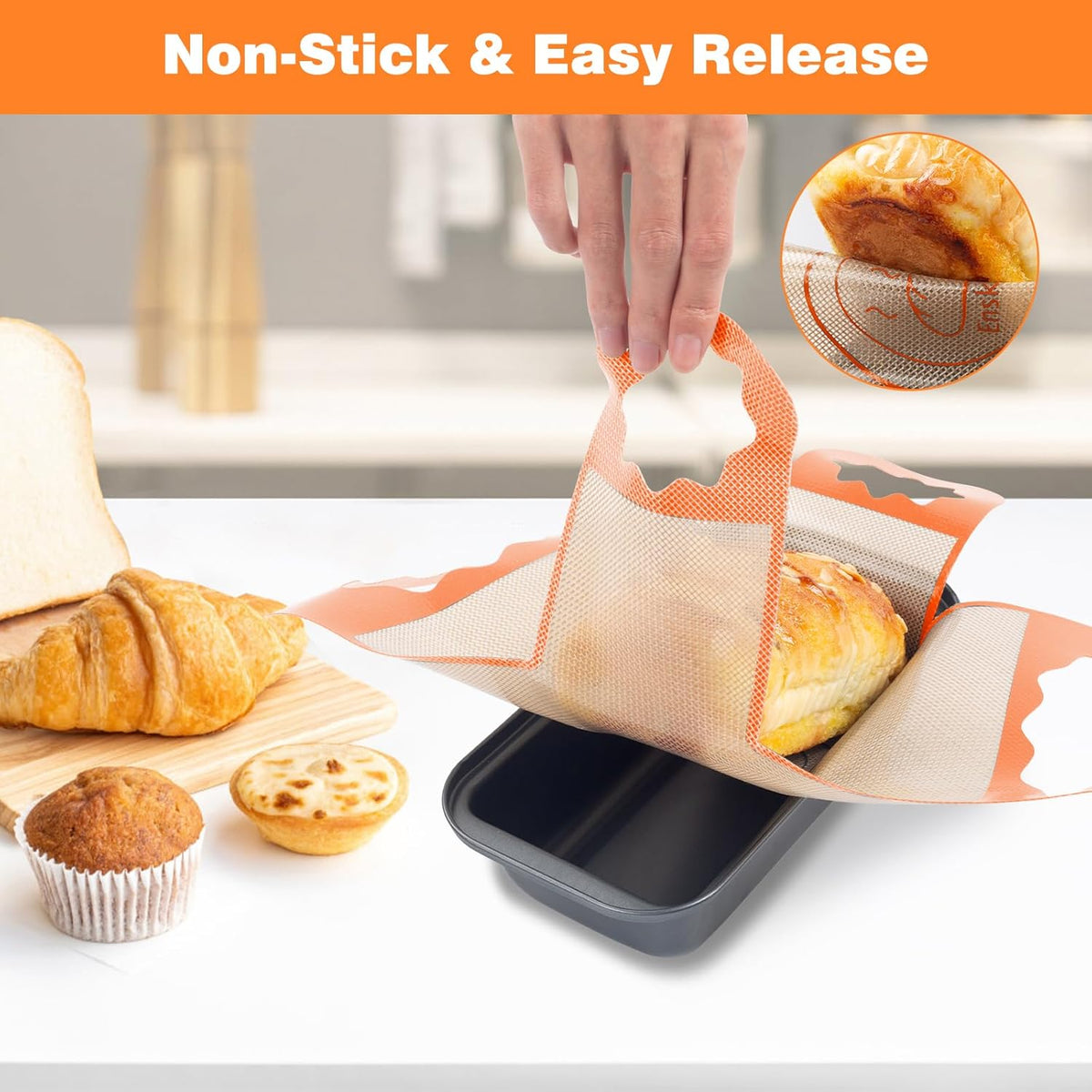 2 Pcs Reusable Silicone Bread Loaf Pan Liners, Food-Grade Silicone Bread Baking Mat with 4 Handles, Non-Stick & Heat Resistant Loaf Pan Lifters, Sourdough Sling for 9x5" or 1.5Lb Loaf Pans (Orange)