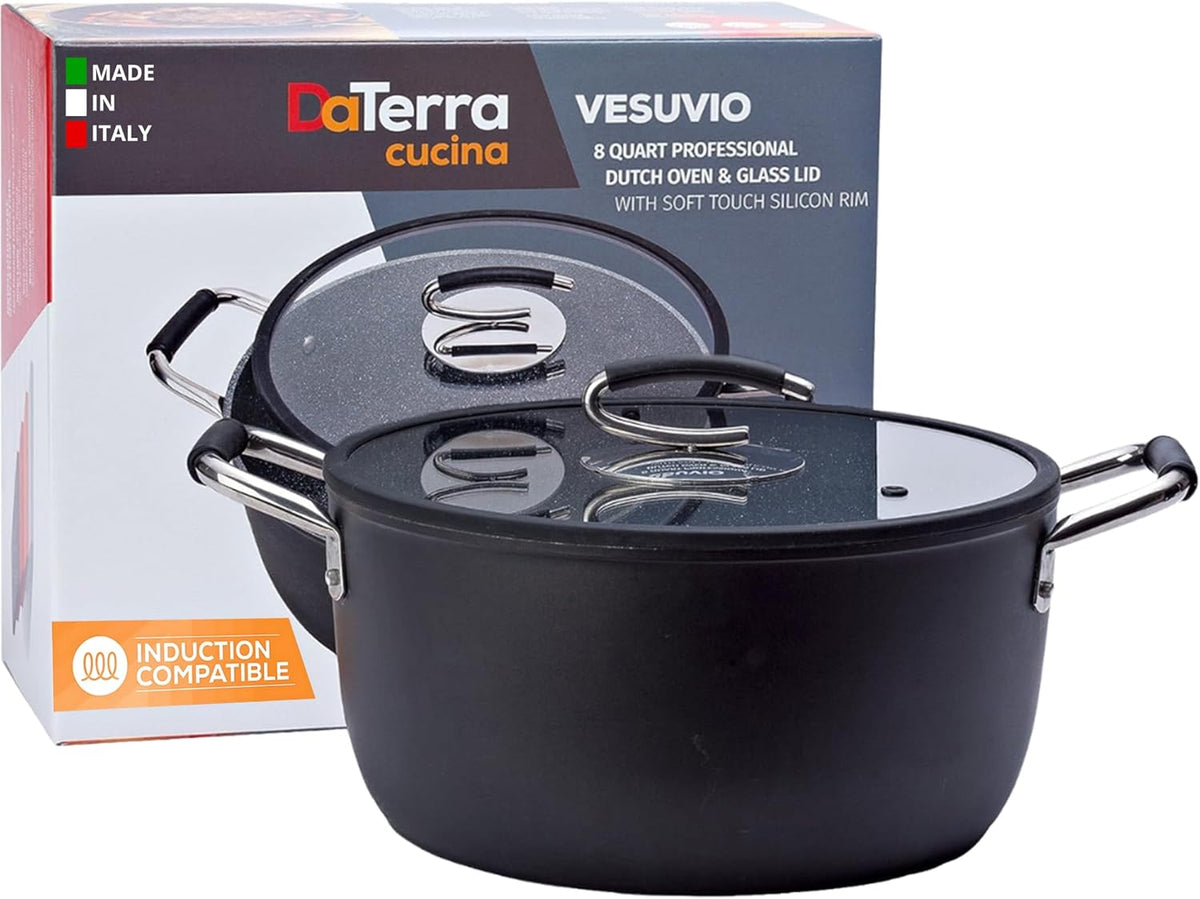 DaTerra Cucina - 8 Qt Nonstick Ceramic Dutch Oven with Lid – Large Stock Pot, Oven & Induction Safe, Heavy Duty, Lightweight, Lead & PFOA Free, Volcanic Black | Made in Italy
