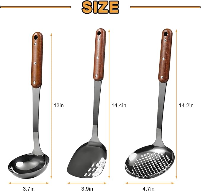 FJNATINH Stainless Steel Wok Spatula,Ladle,Skimmer Ladle Tool Set,Mirror Polished Cooking Utensils with Wooden Handle,Easy to Clean Wok Accessories,Black 3 PCS
