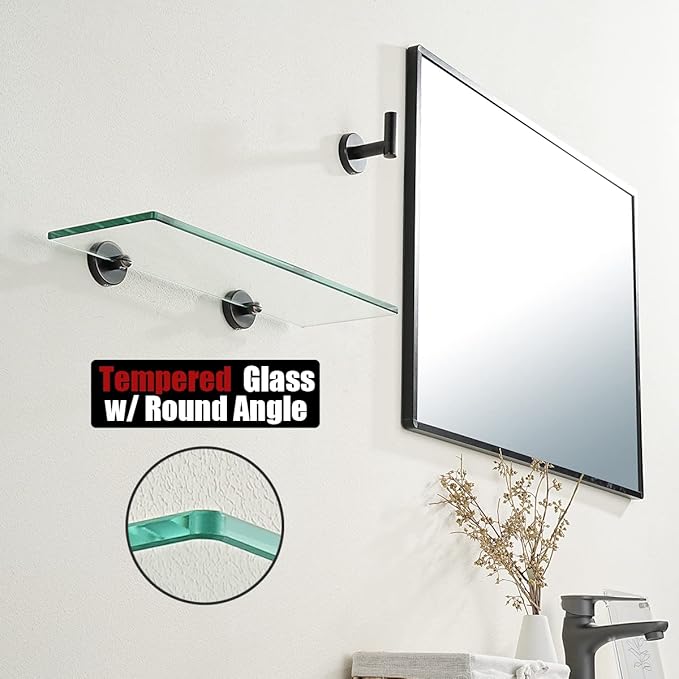 JQK Bathroom Glass Shelf Oil Rubbed Bronze, Tempered Glass Shower Storage 16 by 5 inches, 304 Stainless Steel ORB Wall Mount, TGS101-ORB