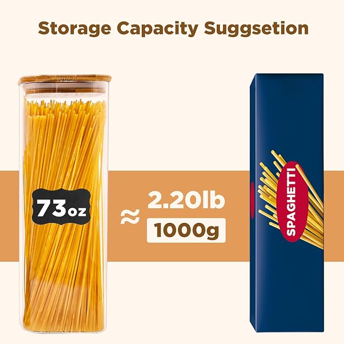 SHOWIN Glass Pasta Storage Jars Square 73oz, 3 Pack Glass Jars With Bamboo Lids, Tall Kitchen Storage Containers For Pasta, Storage For Pantry Organizers