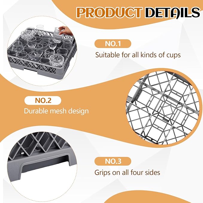 1 Pack Commercial Dishwasher Tray Rack Polypropylene Full Size Flatware Rack for Bowls Plates Knives Forks Cups (25 Grid,Gray)