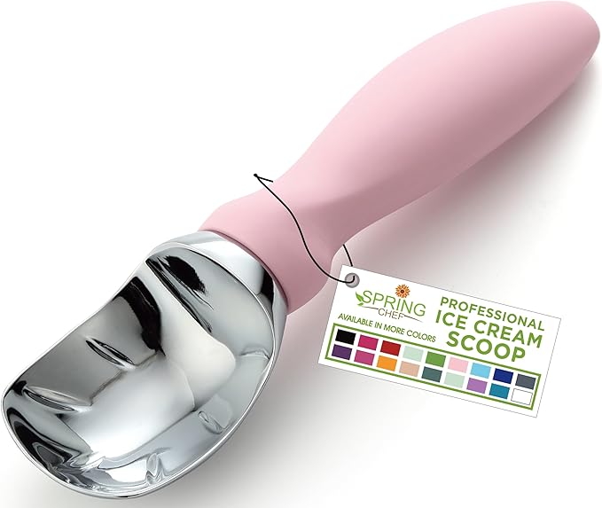 Spring Chef Ice Cream Scoop with Soft Grip Handle, Professional Heavy Duty Sturdy Scooper, Premium Kitchen Tool for Cookie Dough, Gelato, Sorbet, Pink Lemonade