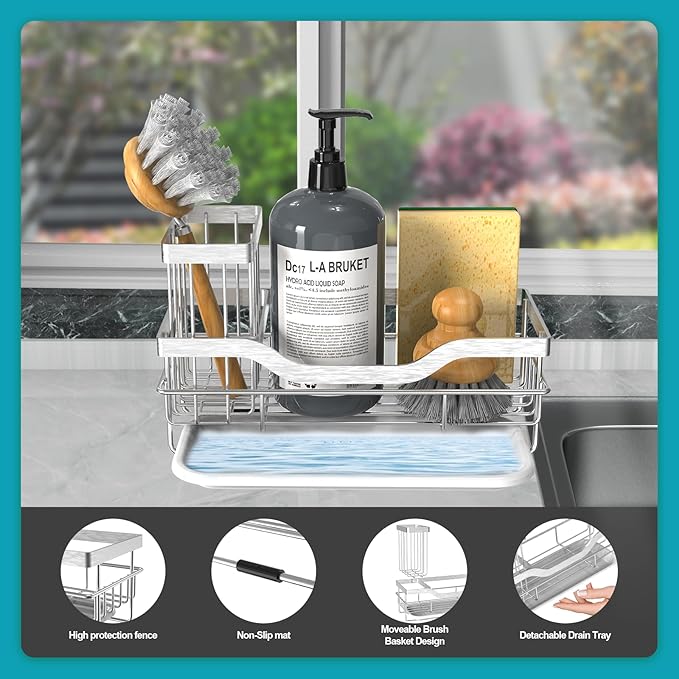 Vanwood Kitchen Sink Caddy Organizer Sponge Holder for Kitchen Sink, Rustproof Dish Soap Sponge Caddy for Counter with Detachable Brush Holder & Drain Tray - Storage Home & Cocina Accesorios, SILVER