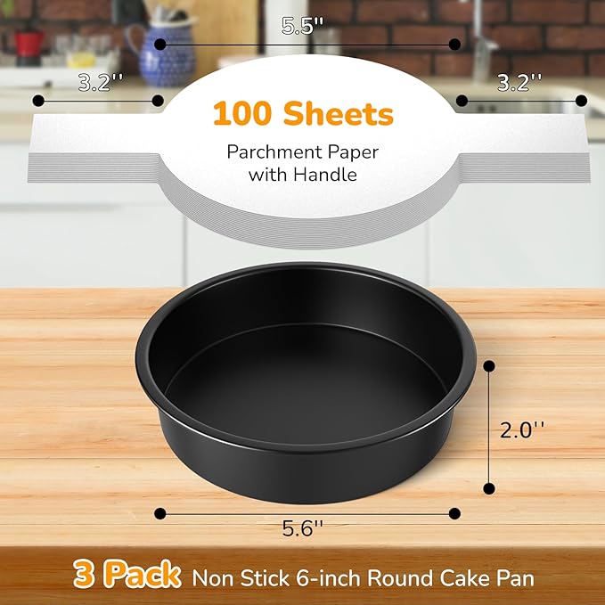 6 Inch Round Cake Pan Set of 3, Nonstick Baking Pans with 100PCS Parchment Paper, Dishwasher Safe